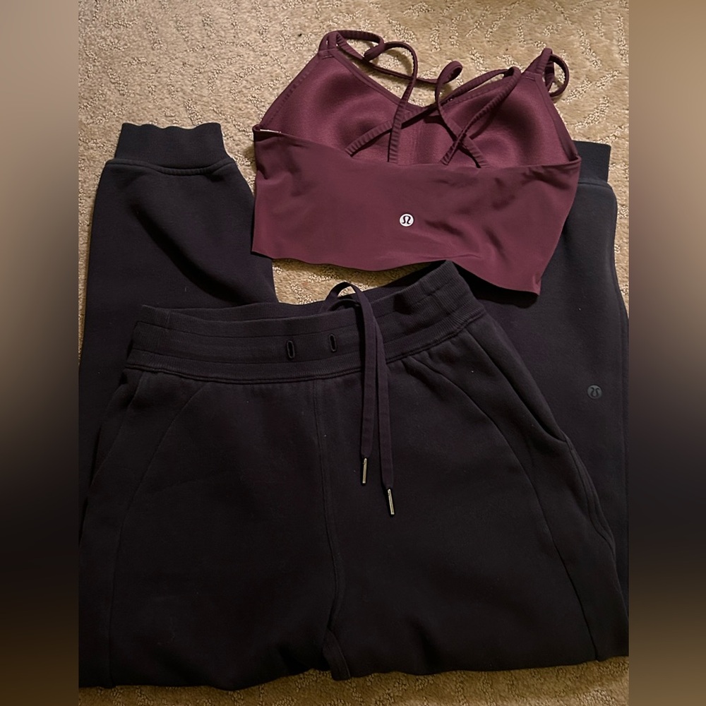 lululemon size 4/6 lot 
black sweat pants sz 5
maroon top sz 6